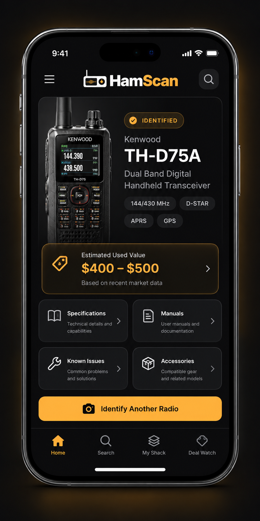HamScan promotional preview showing Kenwood TH-D75A equipment identification and used-market valuation